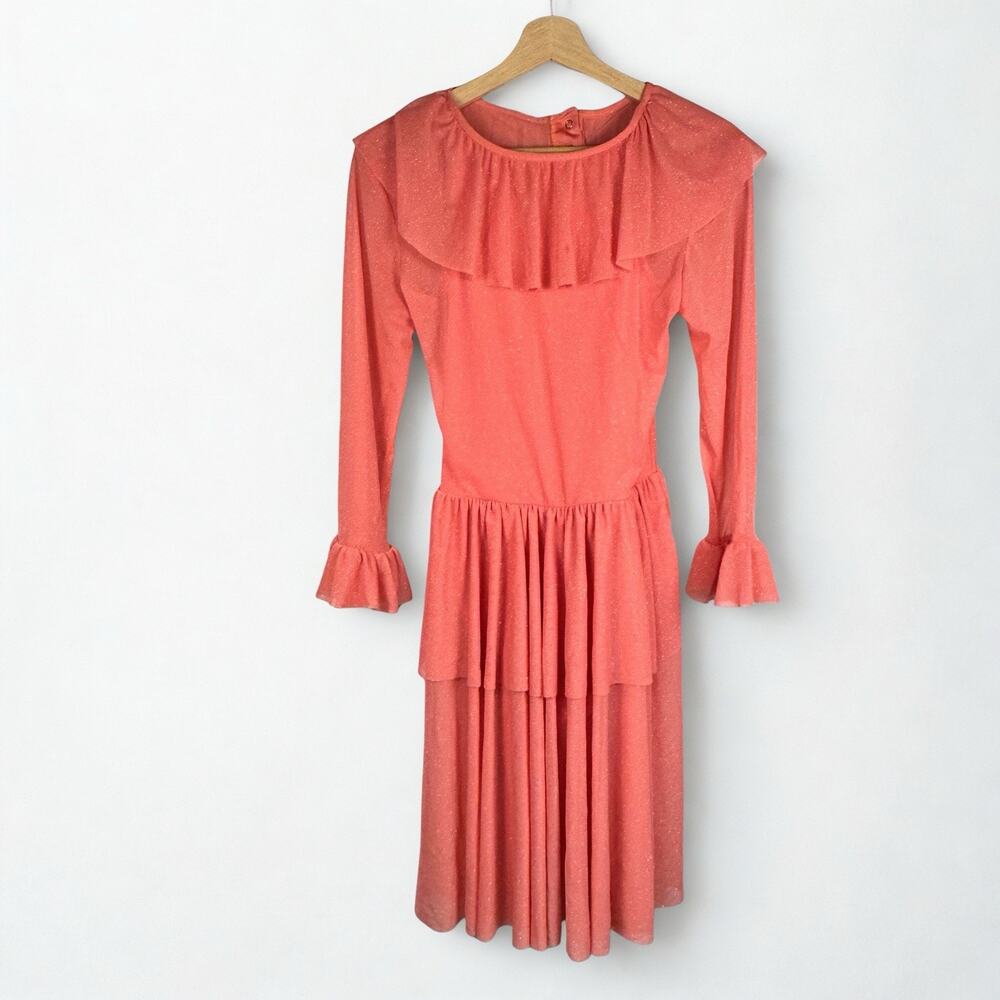 Vtg Kelle Dance Dress Womens Adult Medium Tiered Skirt Trumpet Sleeve Pink